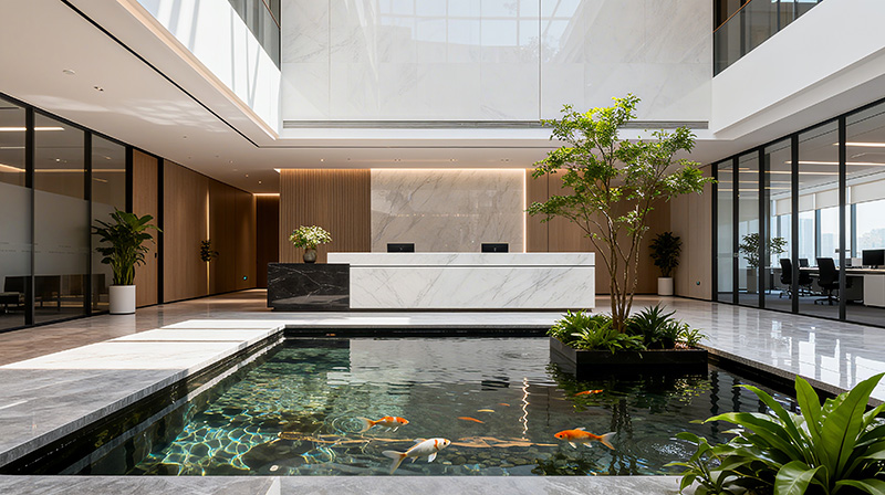 高顏值公司辦公室前臺(tái)魚池裝修方案圖二