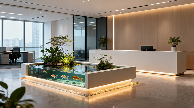 高顏值公司辦公室前臺(tái)魚池裝修方案圖三